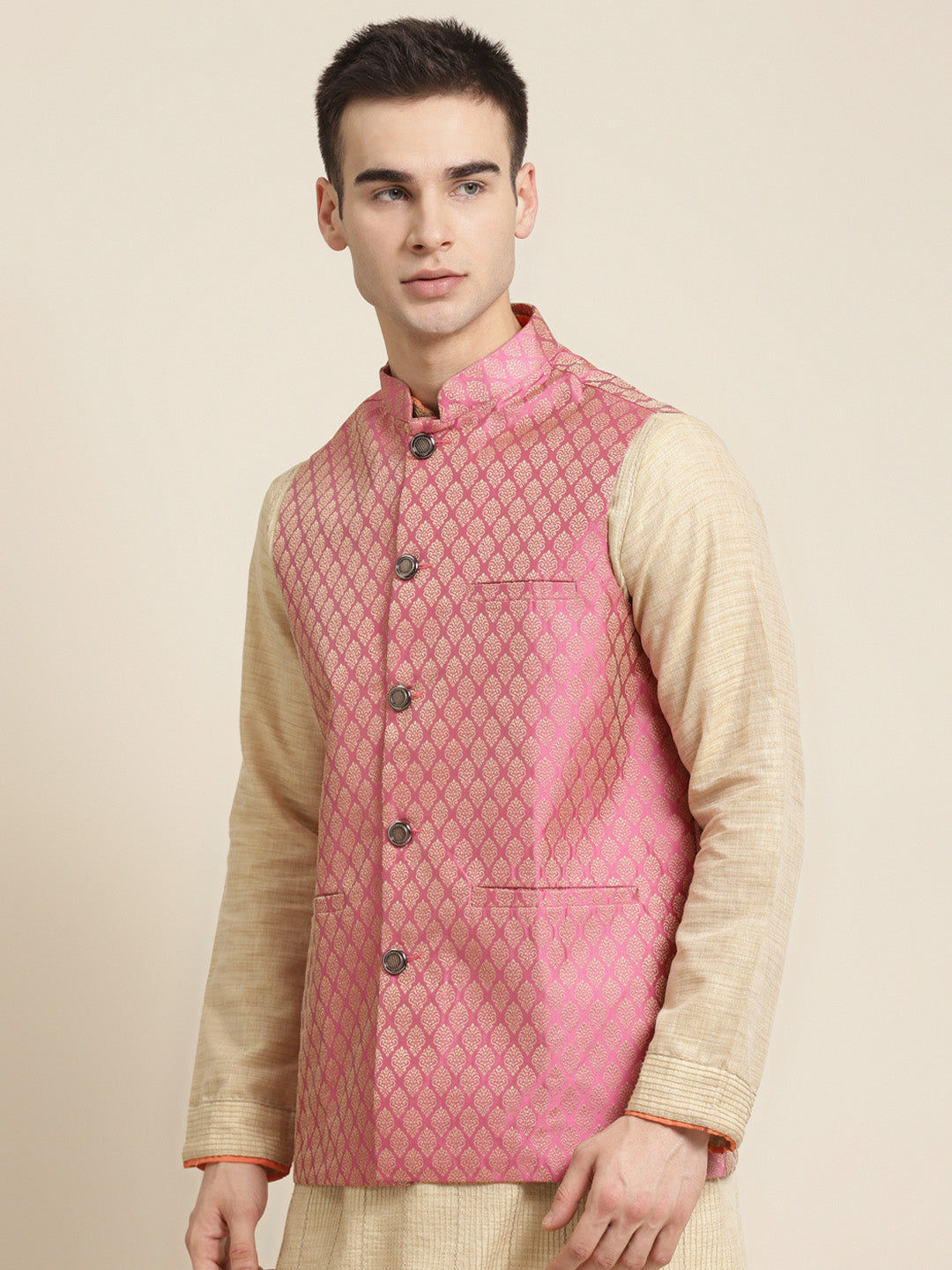 Men's Jacquard Silk Pink Self Design ONLY Nehrujacket