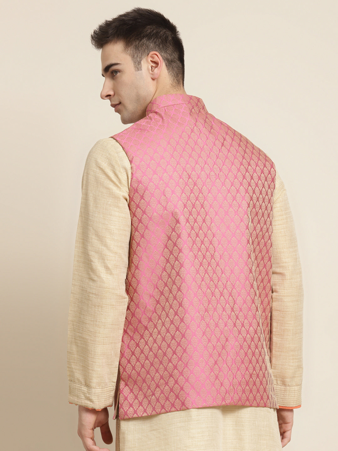 Men's Jacquard Silk Pink Self Design ONLY Nehrujacket