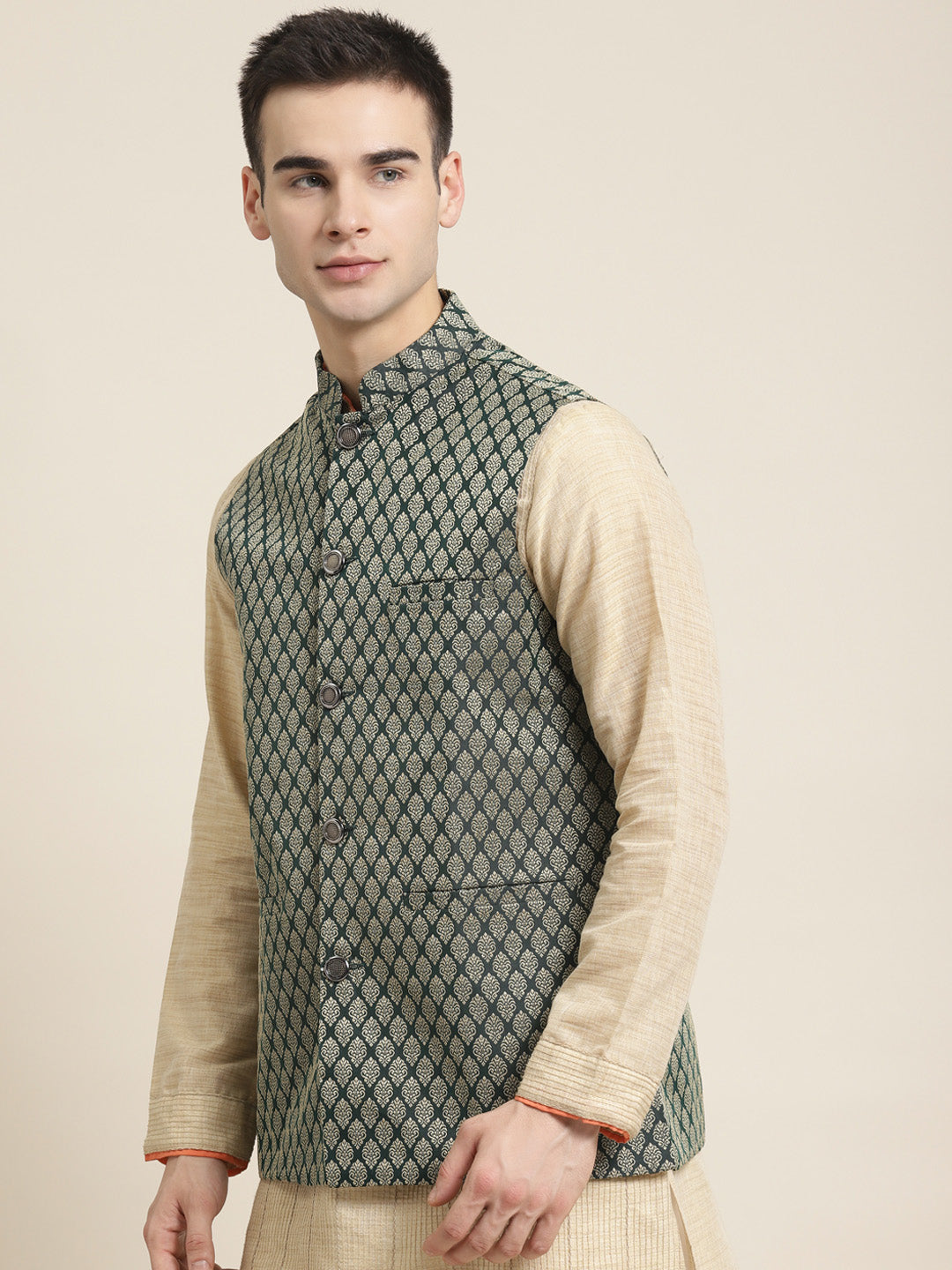 Men's Jacquard Silk Dark Green Self Design ONLY Nehrujacket