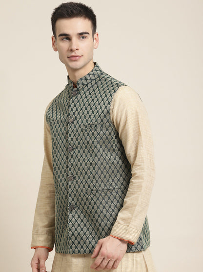 Men's Jacquard Silk Dark Green Self Design ONLY Nehrujacket