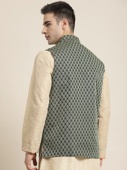 Men's Jacquard Silk Dark Green Self Design ONLY Nehrujacket