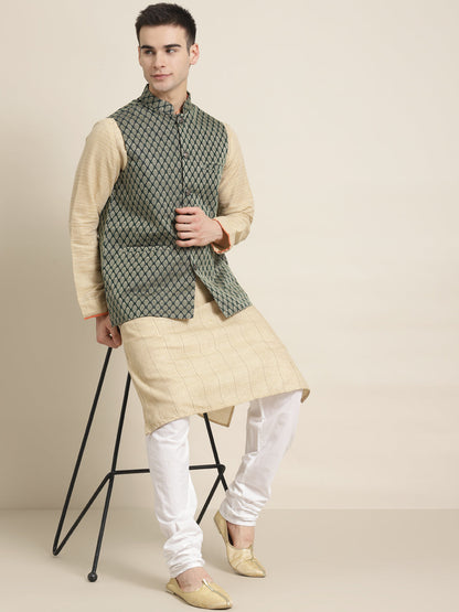 Men's Jacquard Silk Dark Green Self Design ONLY Nehrujacket