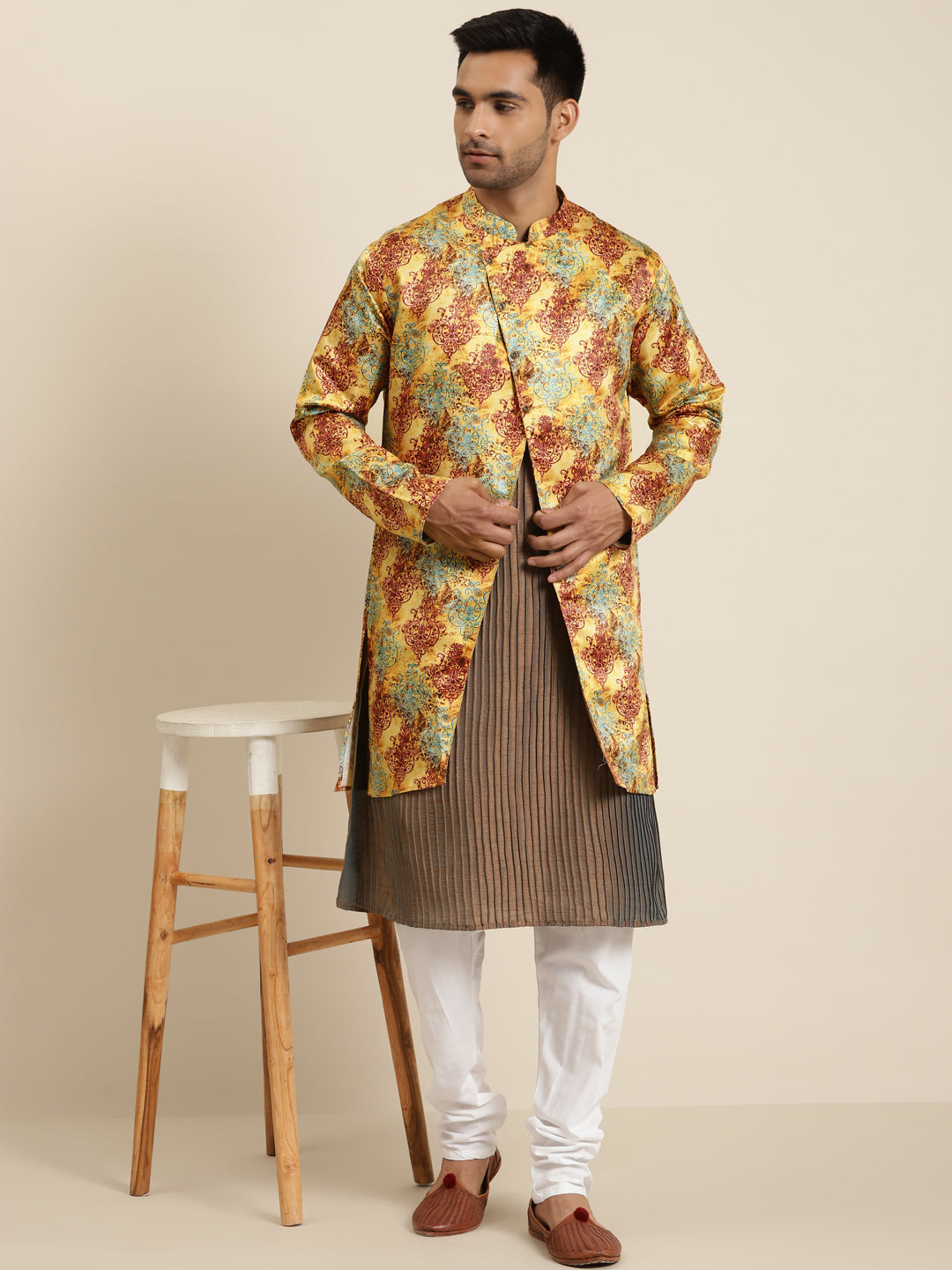 Men's Silk Blend Yellow ONLY Sherwani Jacket