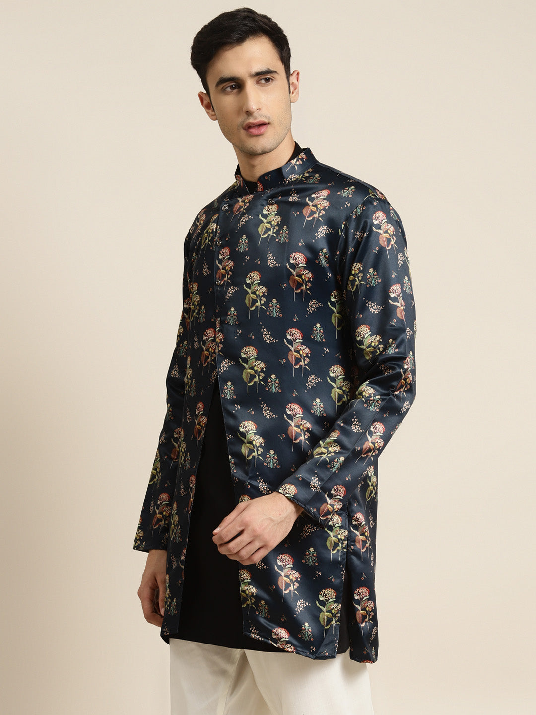 Men's Silk Blend Navy Blue Only Sherwani Jacket