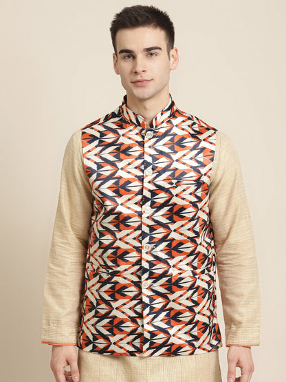 Men's Silk Blend Cream Printed ONLY Nehru Jacket