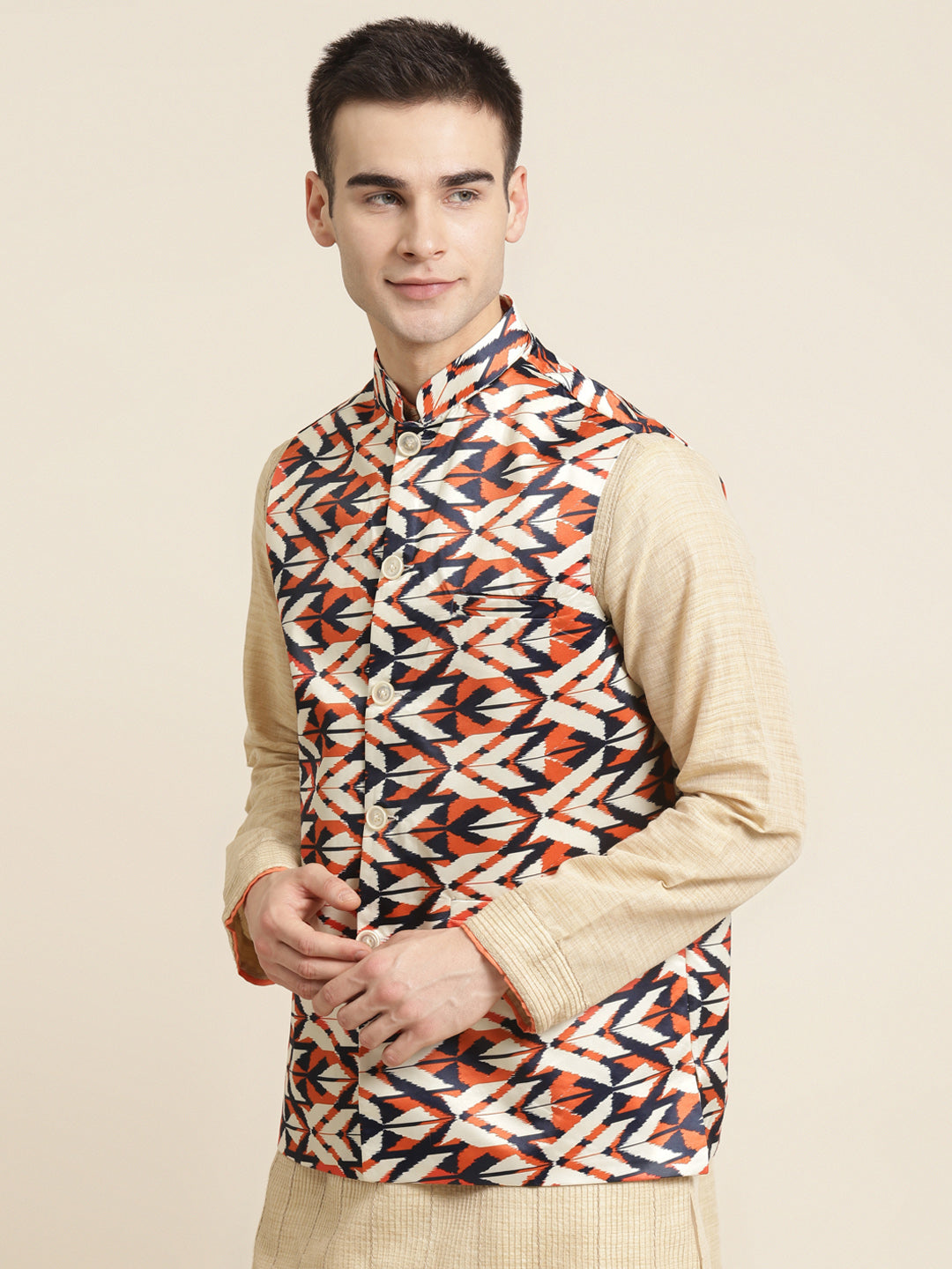 Men's Silk Blend Cream Printed ONLY Nehru Jacket