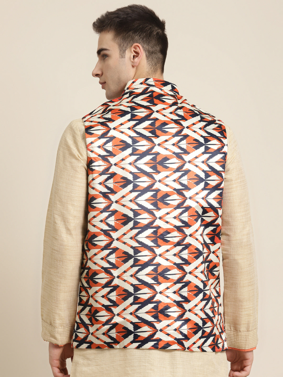 Men's Silk Blend Cream Printed ONLY Nehru Jacket