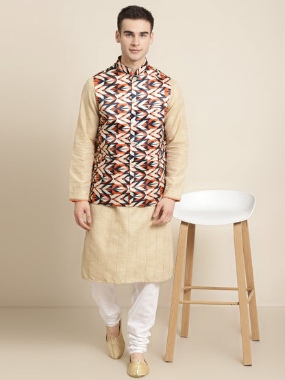 Men's Silk Blend Cream Printed ONLY Nehru Jacket