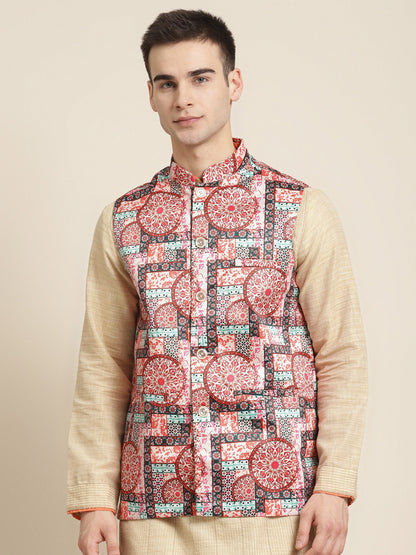 Men's Silk Blend Peach Printed ONLY Nehru Jacket