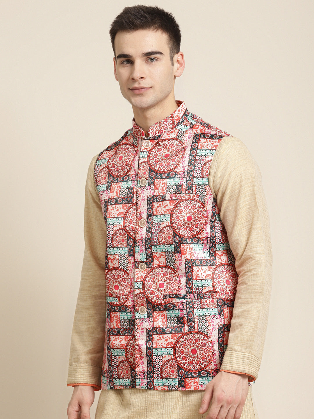 Men's Silk Blend Peach Printed ONLY Nehru Jacket