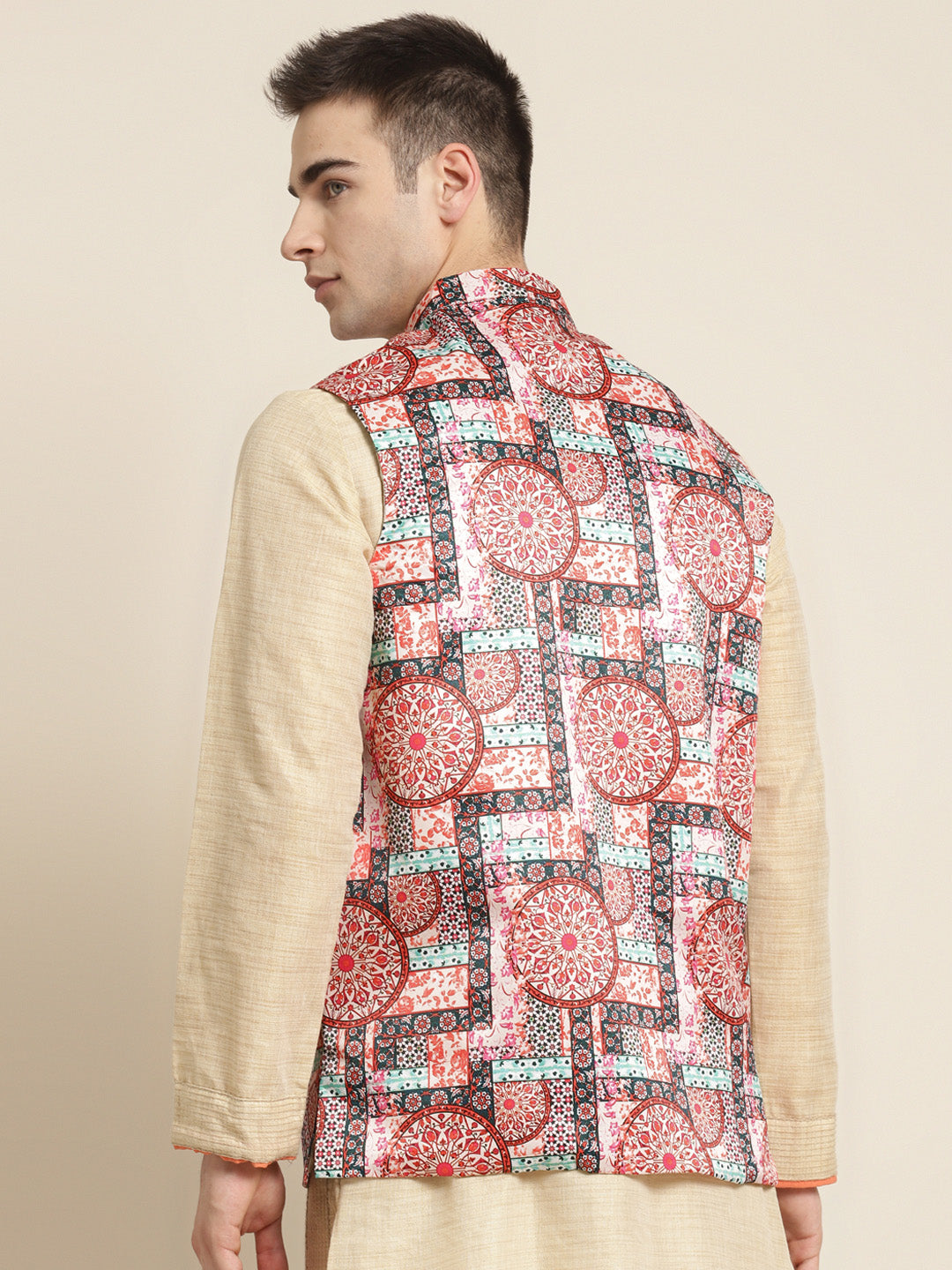 Men's Silk Blend Peach Printed ONLY Nehru Jacket