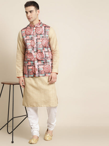 Men's Silk Blend Peach Printed ONLY Nehru Jacket