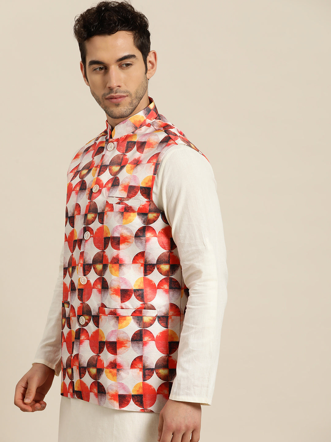 Men's Silk Blend Off white Printed ONLY Nehru Jacket