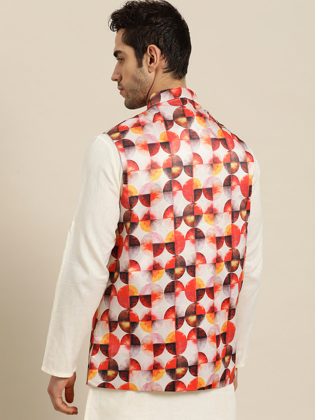 Men's Silk Blend Off white Printed ONLY Nehru Jacket