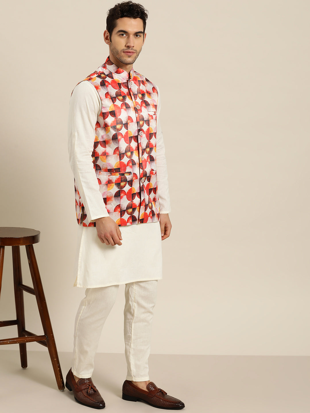 Men's Silk Blend Off white Printed ONLY Nehru Jacket