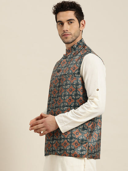 Men's Silk Blend Botell Green Printed ONLY Nehru Jacket