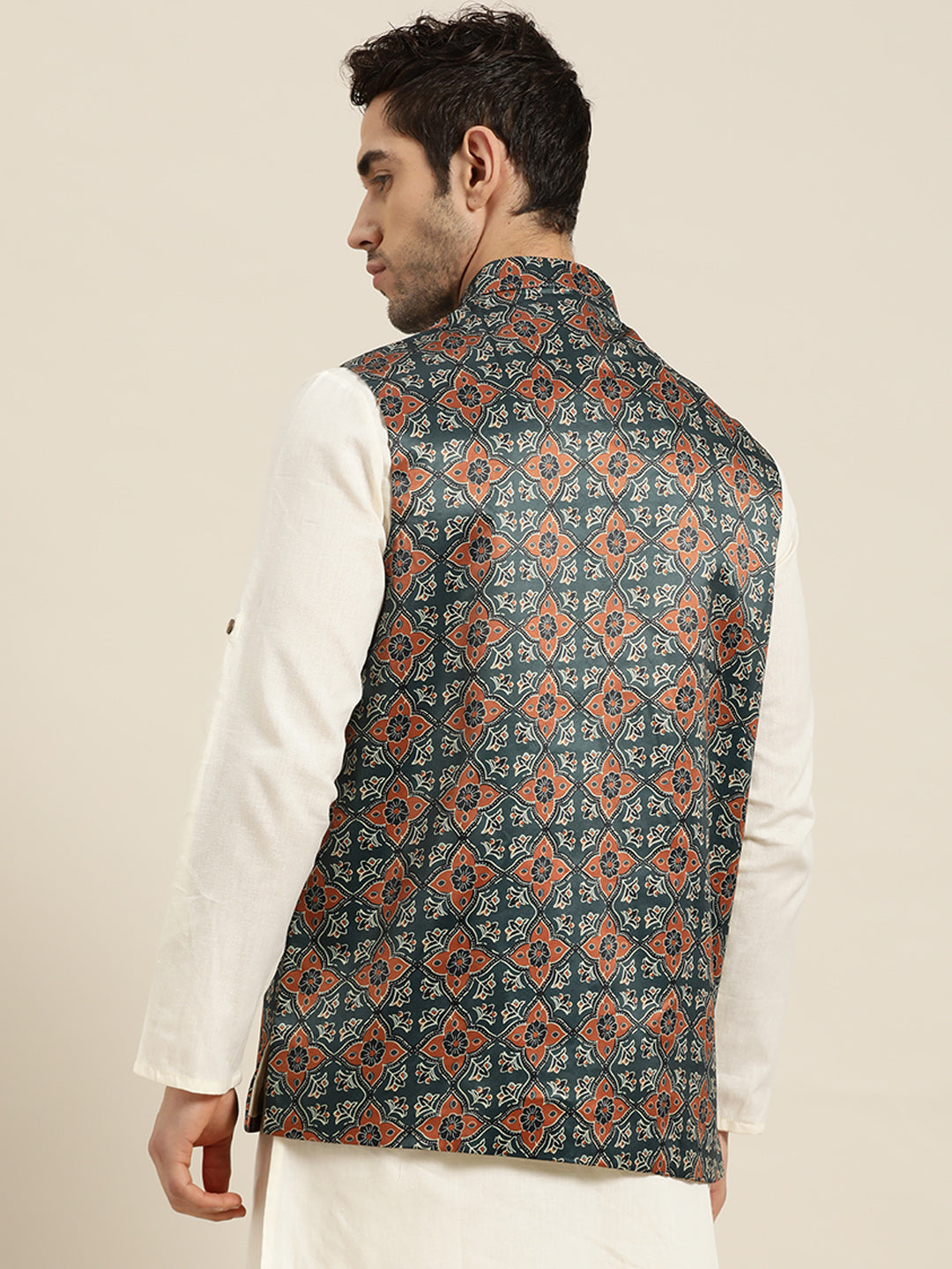 Men's Silk Blend Botell Green Printed ONLY Nehru Jacket