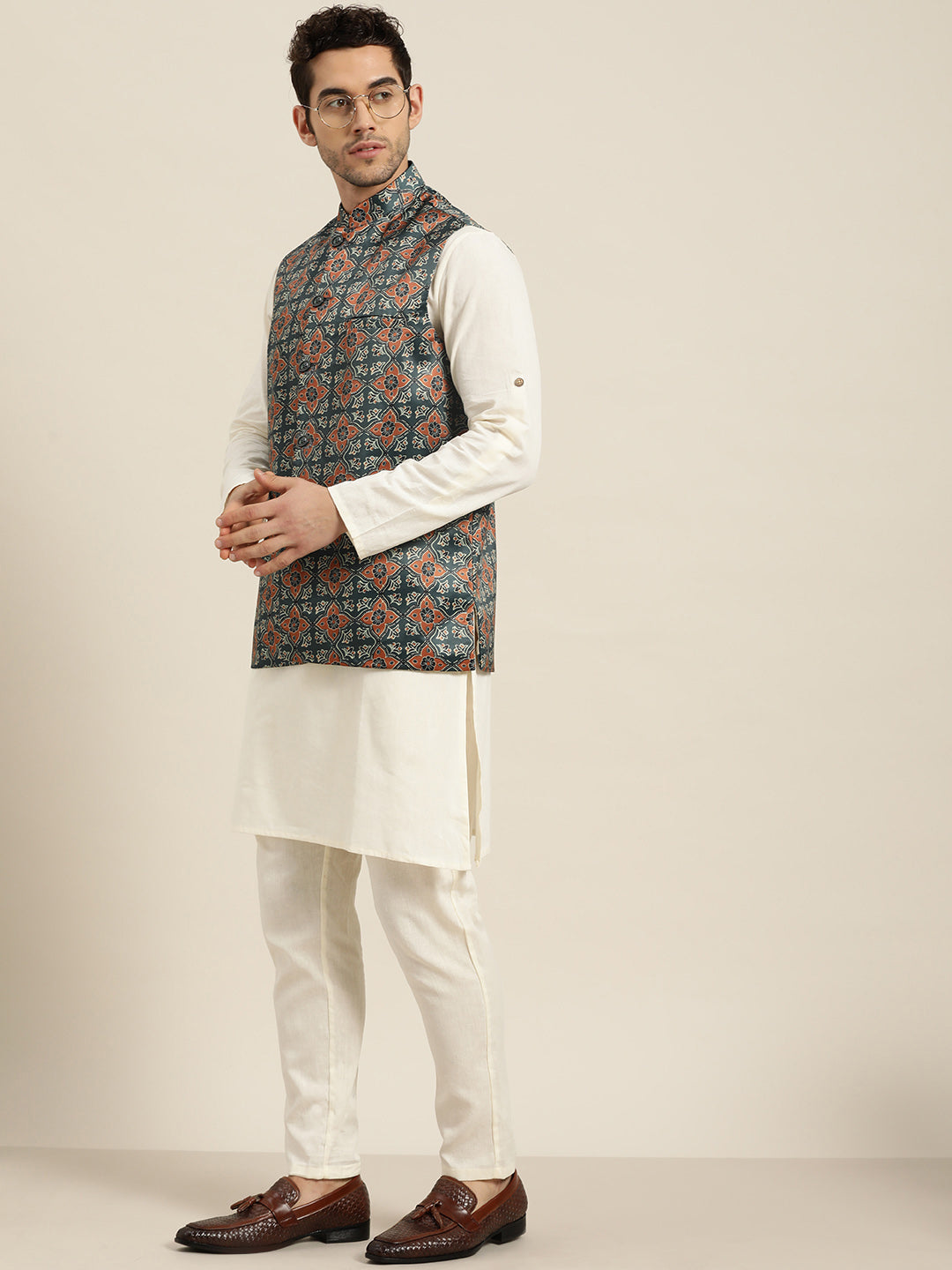 Men's Silk Blend Botell Green Printed ONLY Nehru Jacket