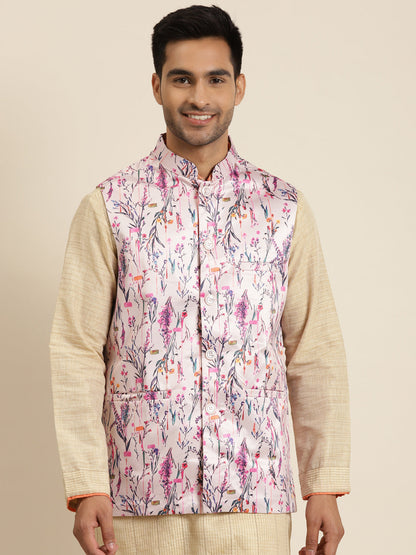 Men's Silk Blend Pink Printed ONLY Nehru Jacket