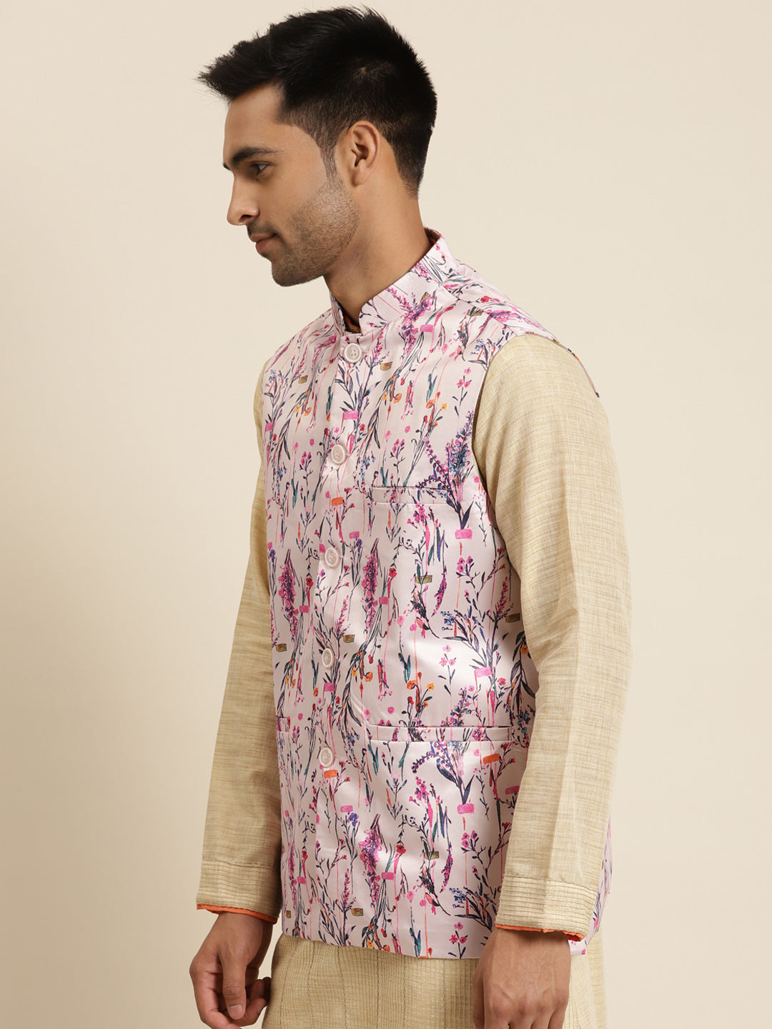 Men's Silk Blend Pink Printed ONLY Nehru Jacket