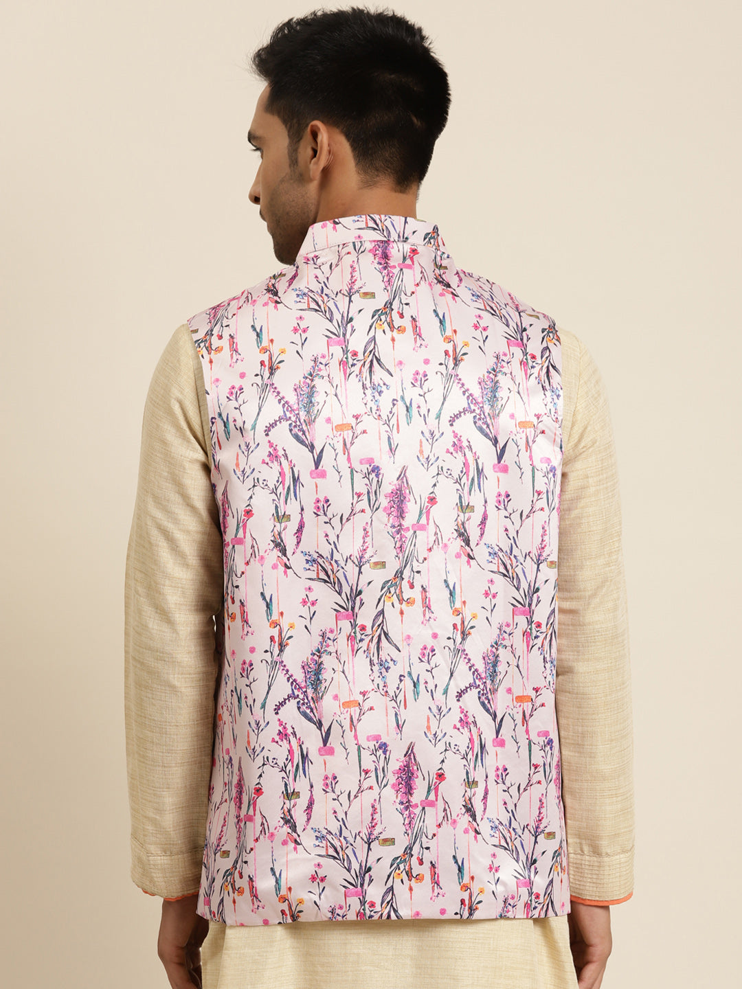 Men's Silk Blend Pink Printed ONLY Nehru Jacket