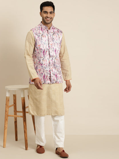 Men's Silk Blend Pink Printed ONLY Nehru Jacket