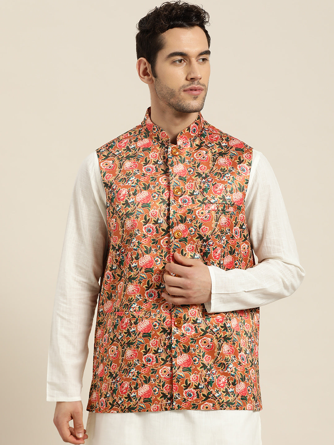 Men's Silk Blend Tan Printed ONLY Nehru Jacket