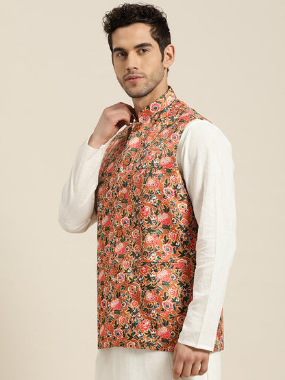 Men's Silk Blend Tan Printed ONLY Nehru Jacket