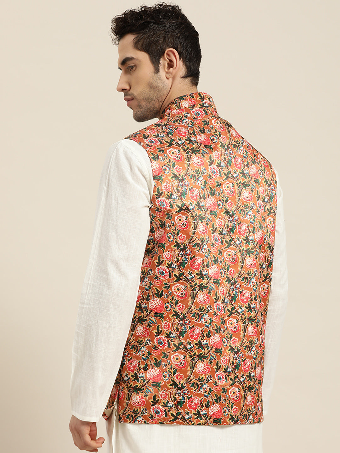 Men's Silk Blend Tan Printed ONLY Nehru Jacket