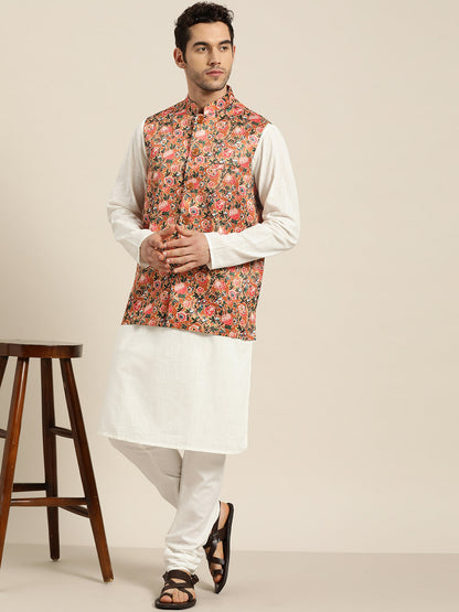 Men's Silk Blend Tan Printed ONLY Nehru Jacket