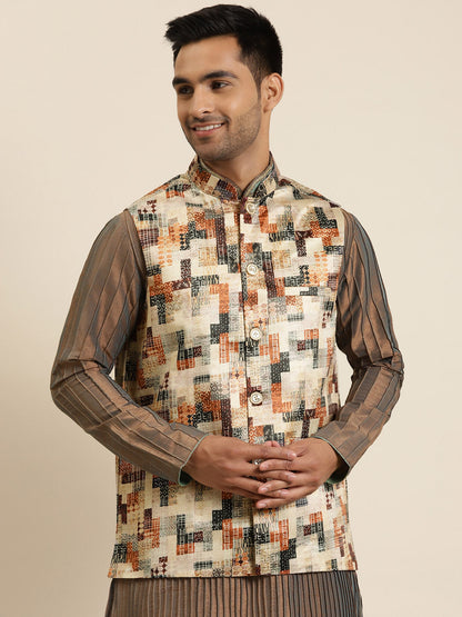 Men's Silk Blend Beige Printed ONLY Nehru Jacket