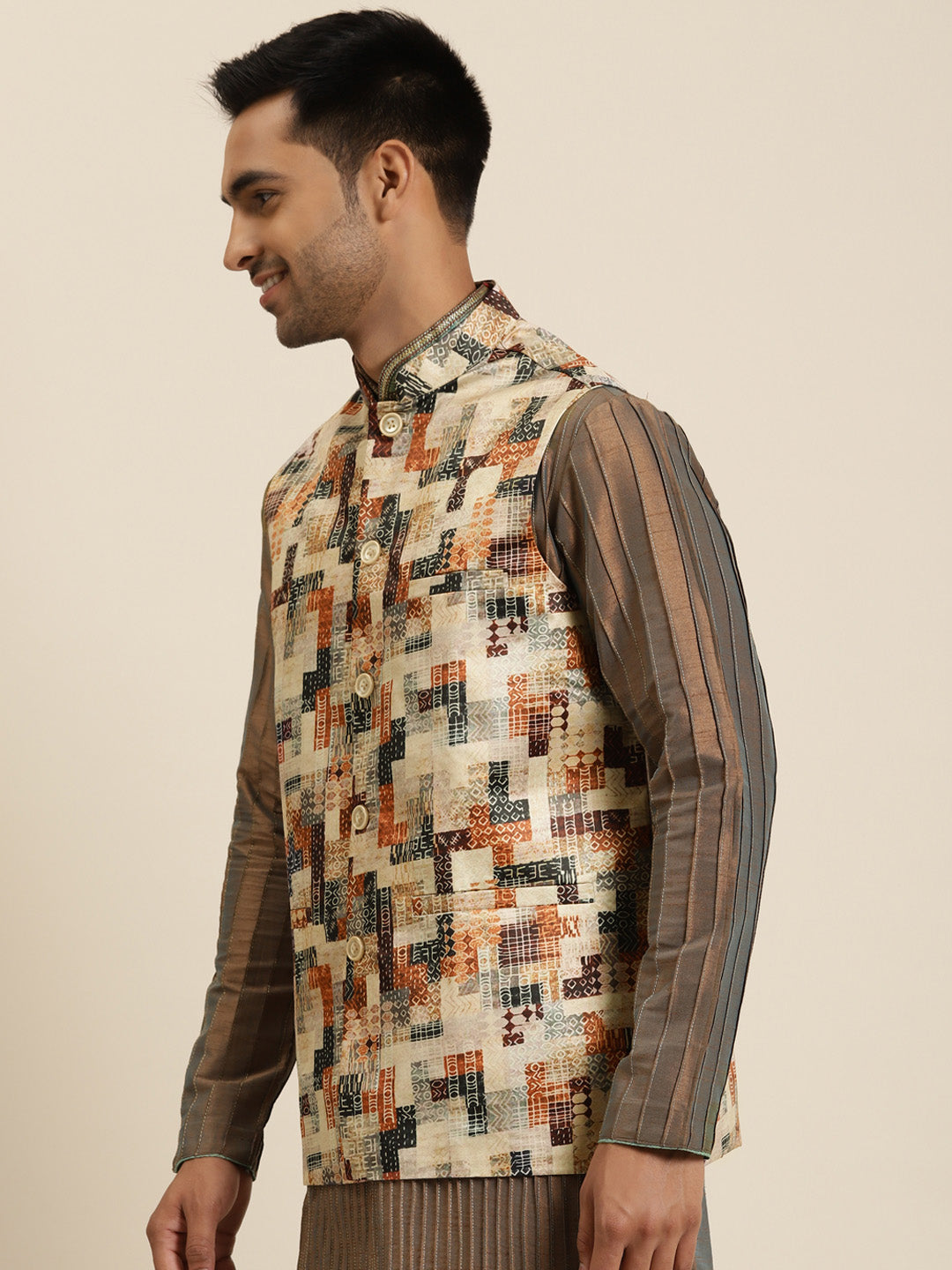 Men's Silk Blend Beige Printed ONLY Nehru Jacket