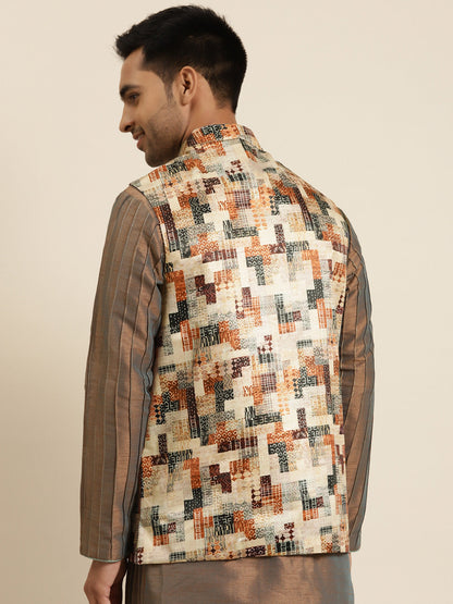 Men's Silk Blend Beige Printed ONLY Nehru Jacket