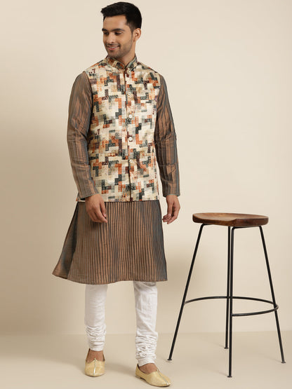 Men's Silk Blend Beige Printed ONLY Nehru Jacket