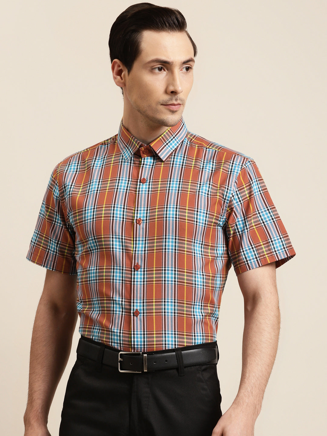 Men's Cotton Rust & Blue Formal Shirt