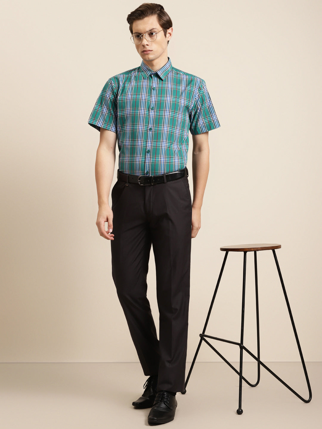 Men's Cotton Green & Blue Formal Shirt