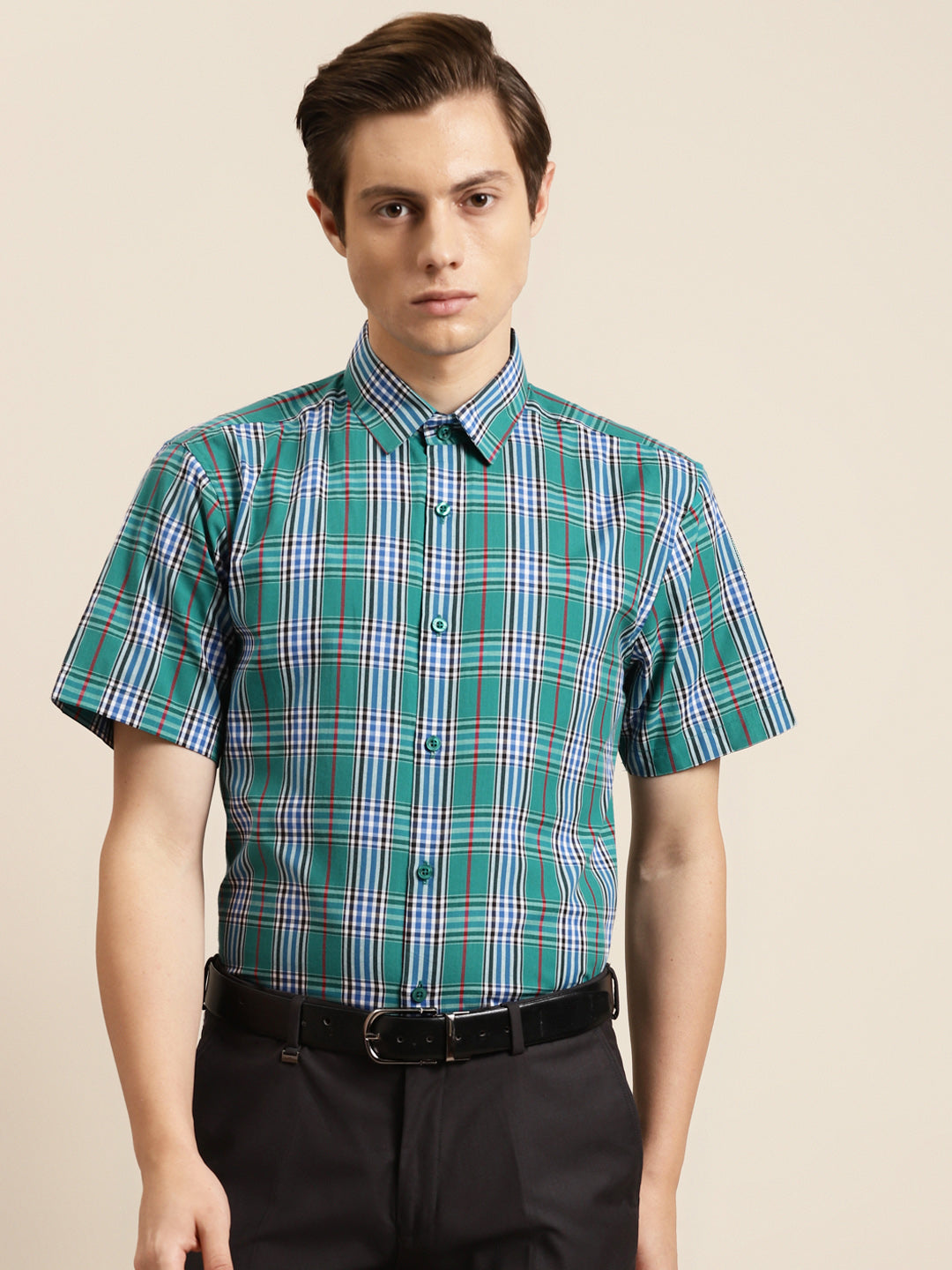 Men's Cotton Green & Blue Formal Shirt