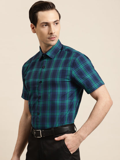 Men's Cotton Navy & Green Formal Shirt