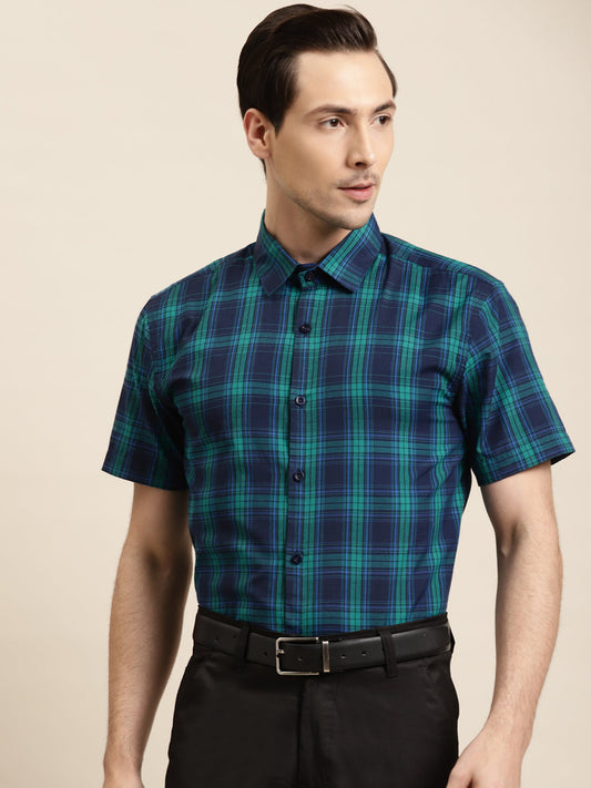 Men's Cotton Navy & Green Formal Shirt