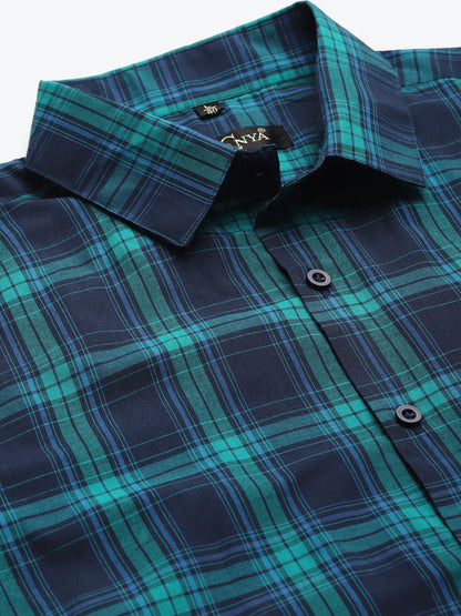 Men's Cotton Navy & Green Formal Shirt