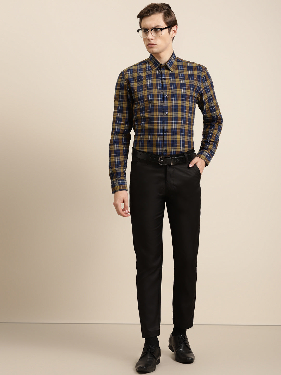 Men's Cotton Navy & Mustard Formal Shirt