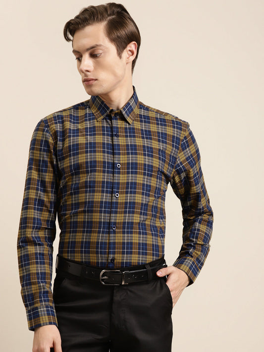 Men's Cotton Navy & Mustard Formal Shirt