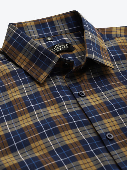 Men's Cotton Navy & Mustard Formal Shirt