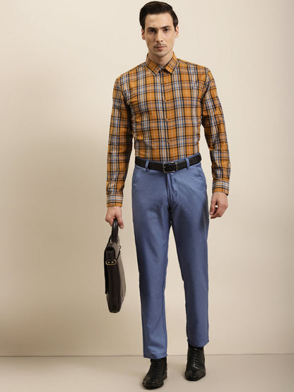 Men's Cotton Mustard & Blue Formal Shirt