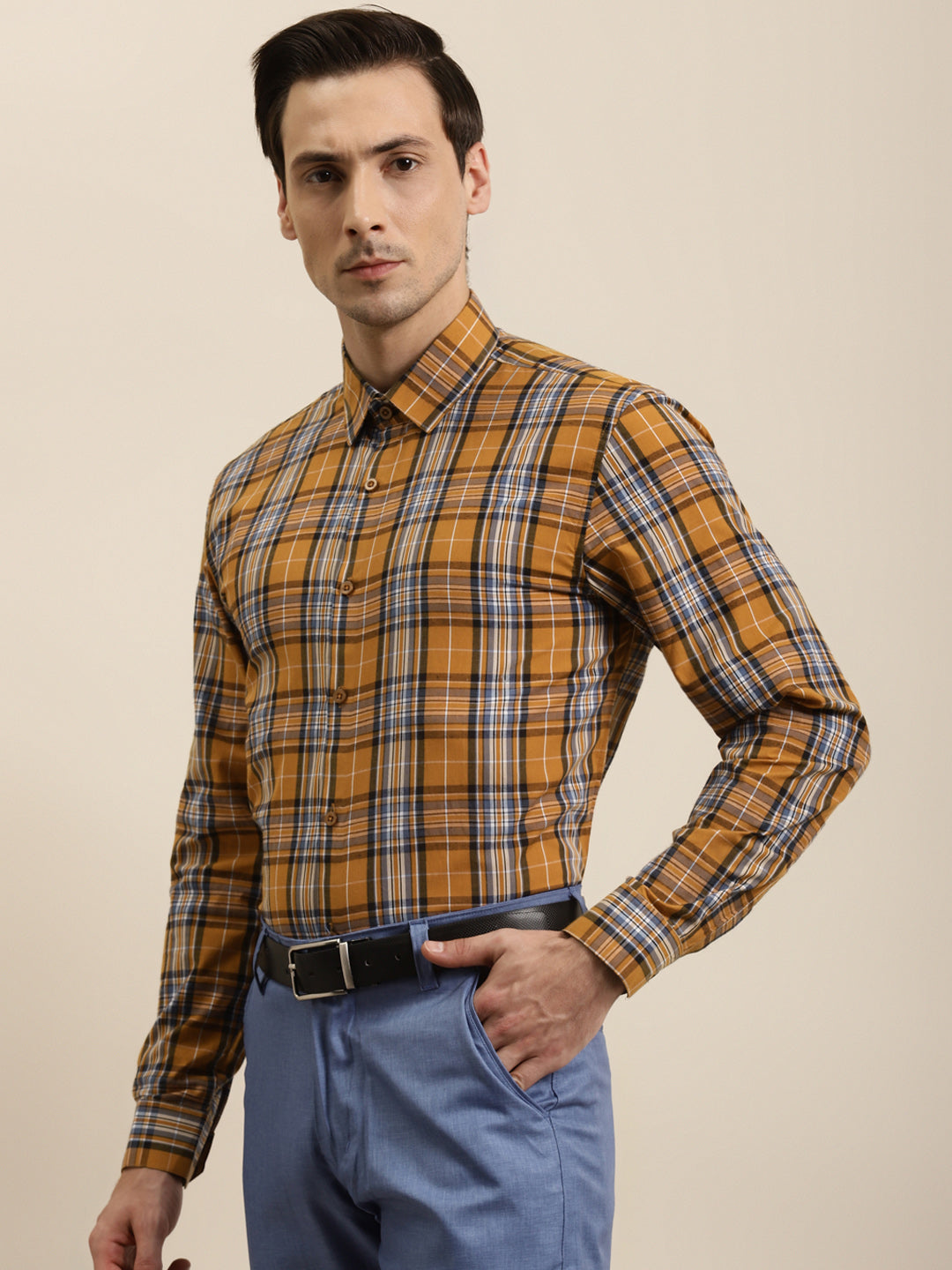 Men's Cotton Mustard & Blue Formal Shirt