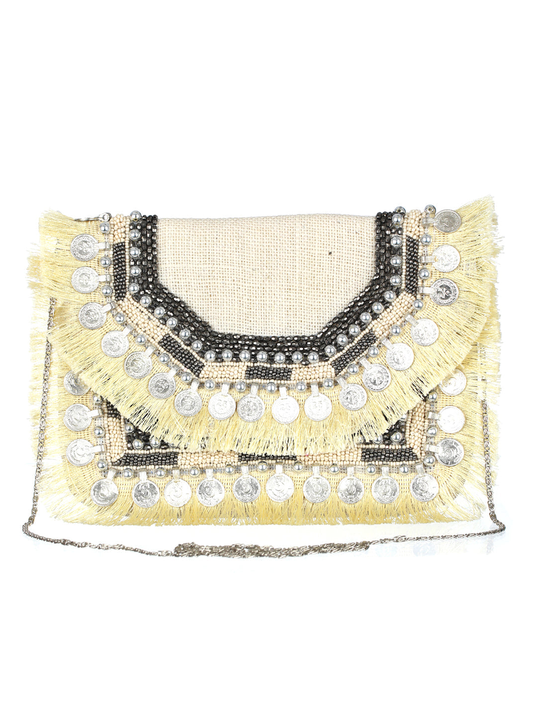 Women's Beige Coin Embellished Jute Sling Bag - Priyaasi