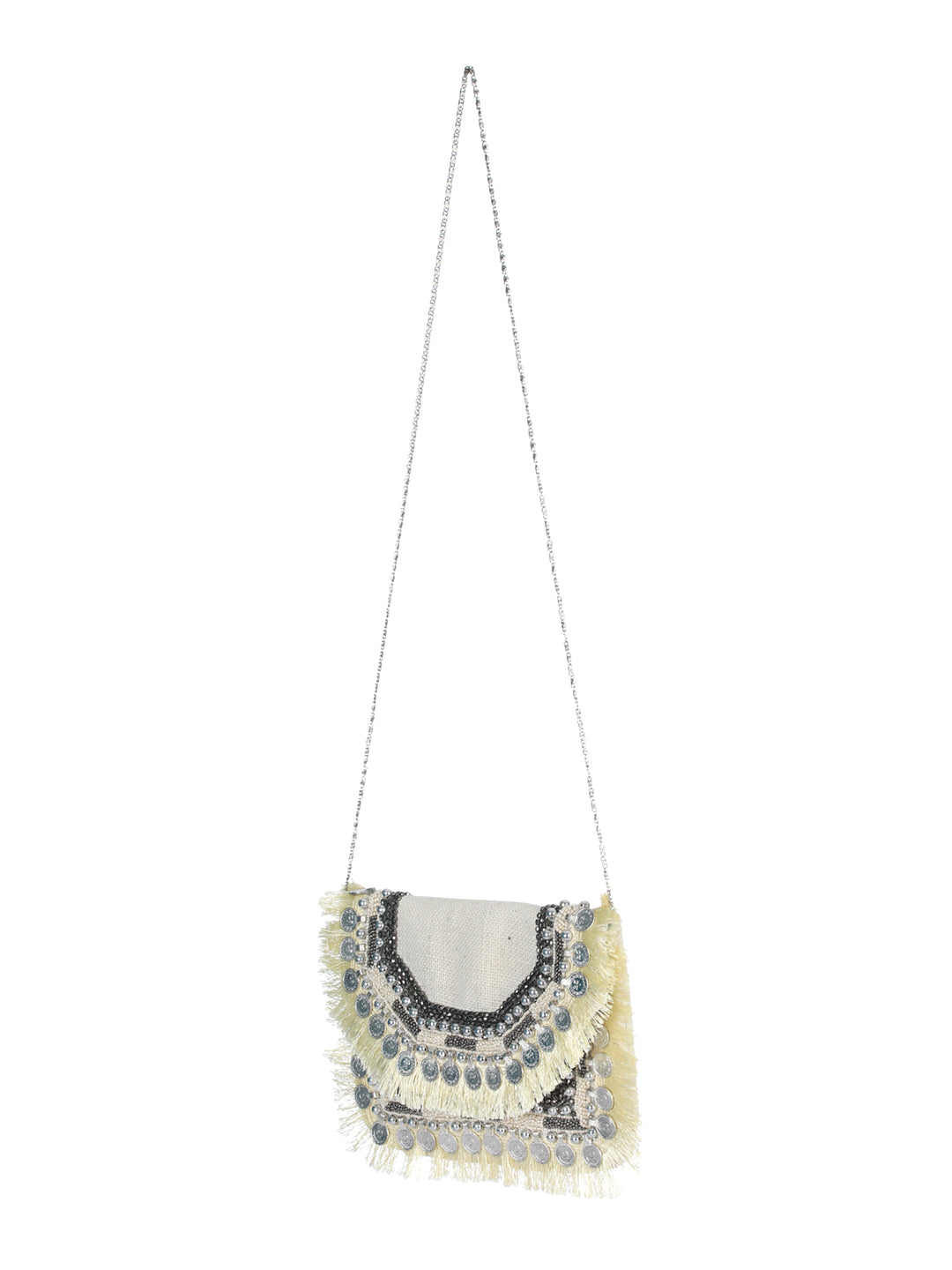 Women's Beige Coin Embellished Jute Sling Bag - Priyaasi