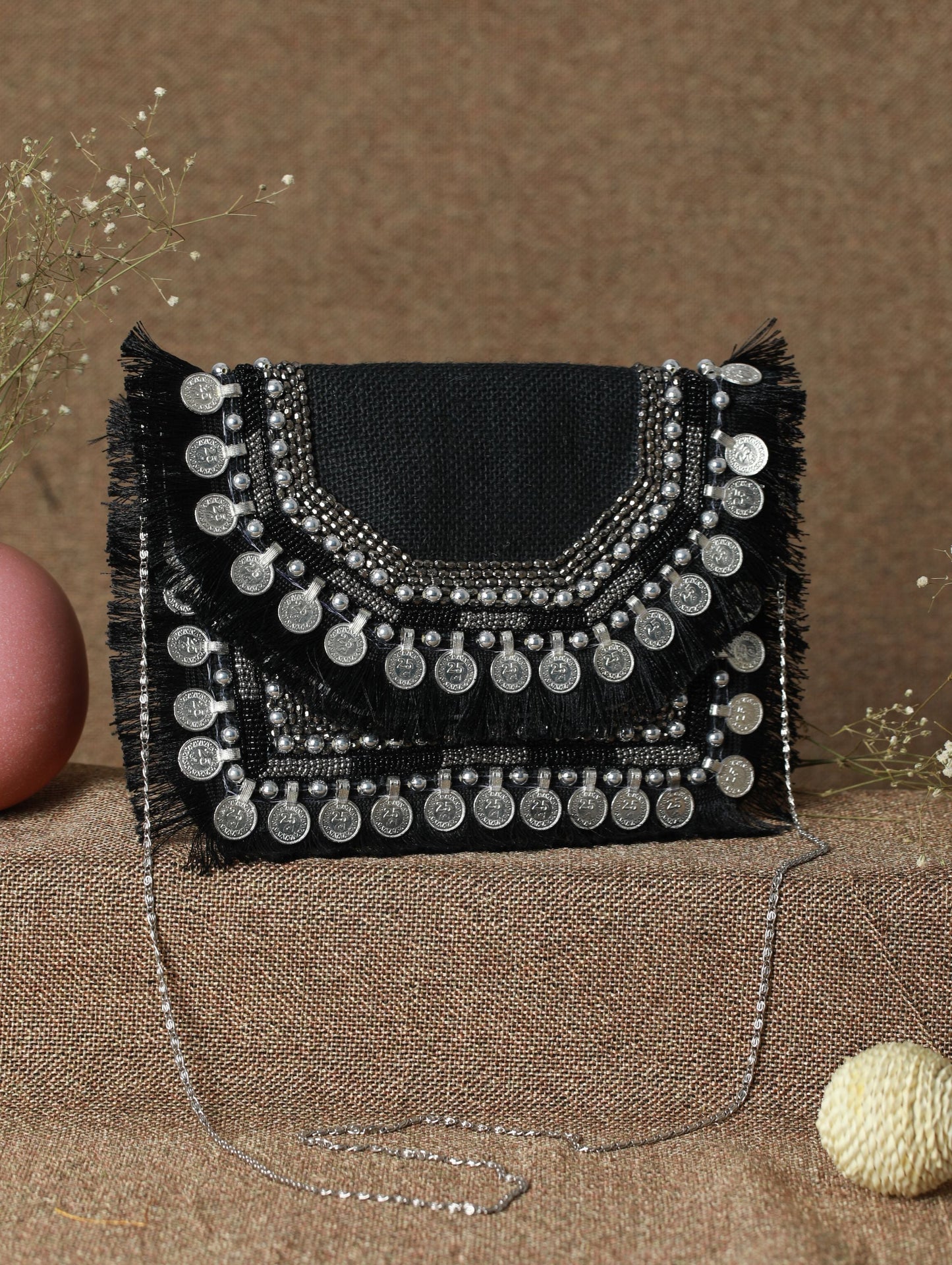 Women's Black Coin Embellished Jute Sling Bag - Priyaasi