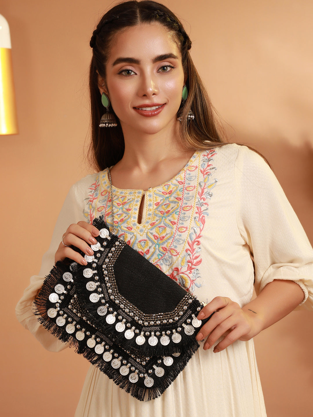 Women's Black Coin Embellished Jute Sling Bag - Priyaasi