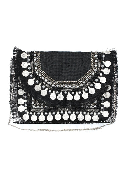 Women's Black Coin Embellished Jute Sling Bag - Priyaasi